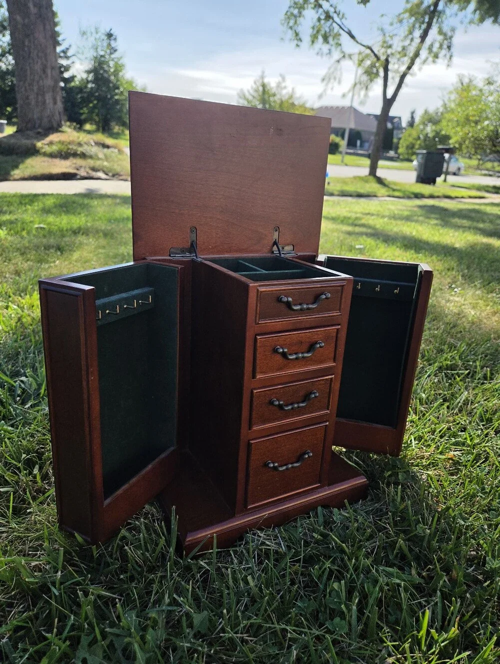 Vintage 1987 The Bombay Company Wooden Jewelry Armoire Box | Green Velvet Lined
